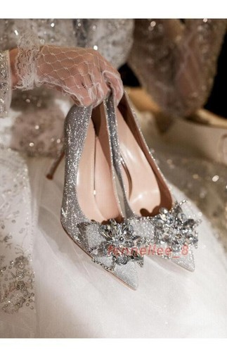 Women's Bridal Wedding Party Shoes Shiny High Heel Pointed Toe Rhinestone Pumps - Picture 6 of 26