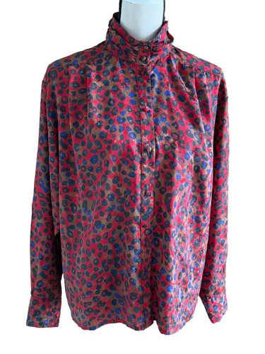 Vintage Long Sleeve Satin Blouse Red Mix Uk 12 Office Formal Jacques Vert 1990's - Picture 2 of 6