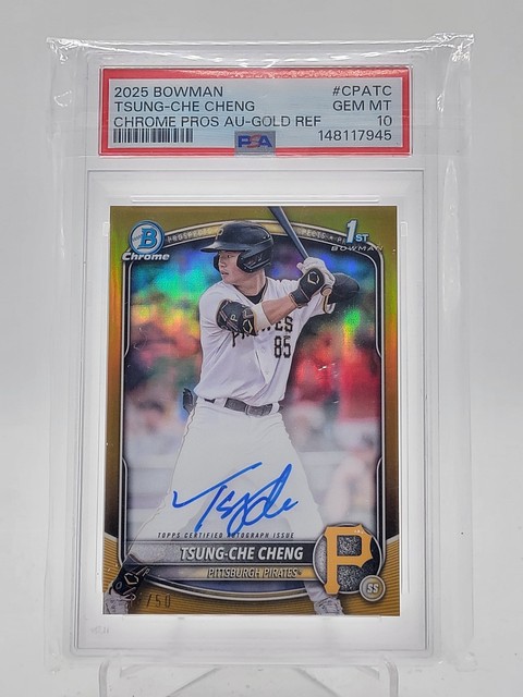 TSUNG-CHE CHENG 2025 BOWMAN CHROME 1ST GOLD REFRACTOR AUTO /50 PSA 10 Q0566