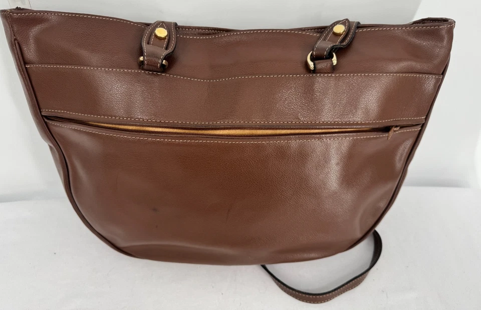 De Colección Años 80 TEXIER Marrón Lujo Cuero Grande Bolso de Mano Cartera Hecho en Francia Foto 2 de 4