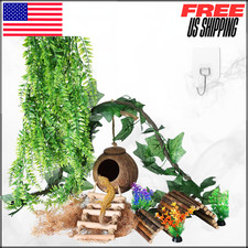 Crested Gecko Tank Decor Hanging Vines  Coconut Shell Ladder Hideout Set