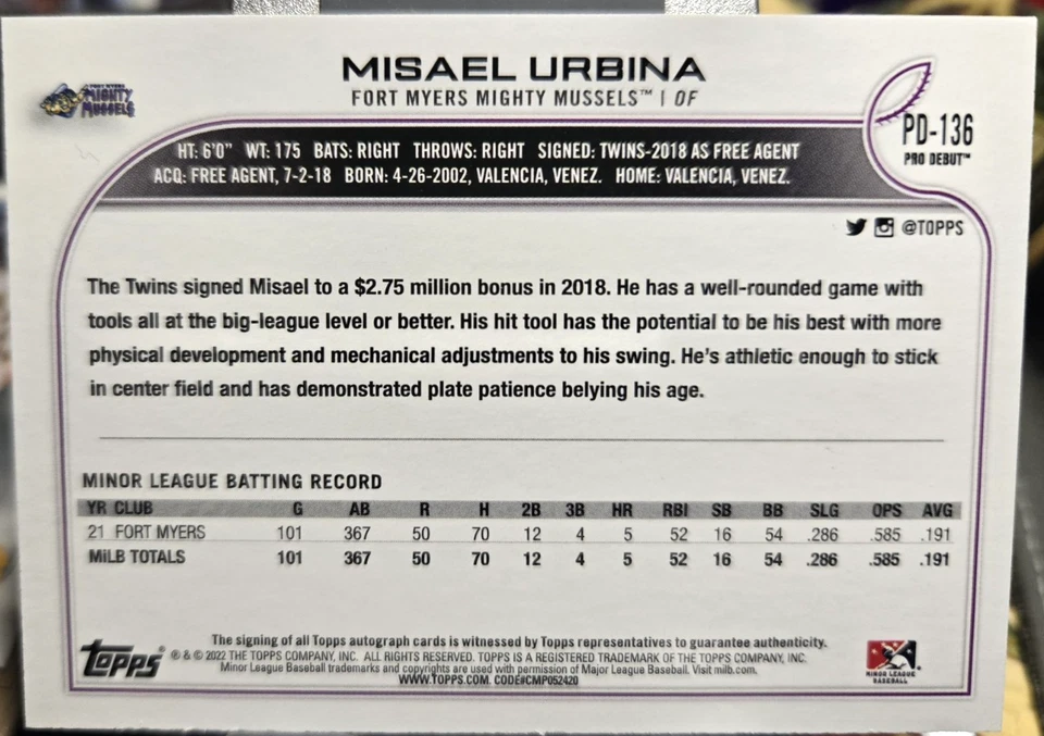 2022 Topps Pro Debut Baseball Card- Misael Urbina #PD-136 (NM) AUTO Free Rtns - Image 2 of 2