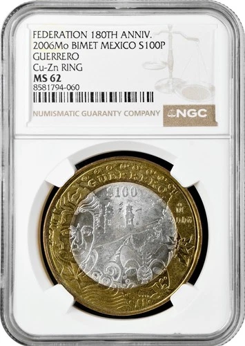 Mexico 100 pesos 2006, NGC MS62, "Federation 180th Anniv. - Guerrero"