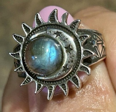 Labradorite Crystal Gemstone Ring S925 Sterling Silver S 925 Sun Moon Star Size9