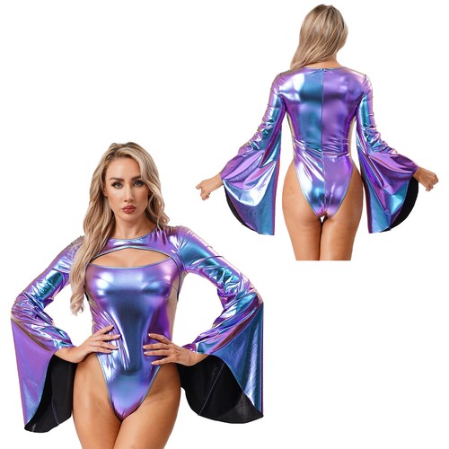 Womens Costume PU Bodysuit Masquerade Outfits Ladies Jumpsuit Hollow Out Shiny - Picture 7 of 72