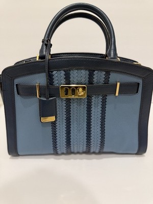 Michael Kors Selma Satchel   Blue & Navy Leather Woven Front, Gold Hardware 