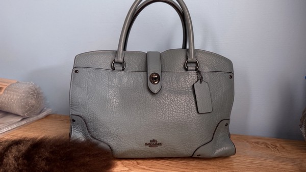 Coach Pebbled Leather Satchel Top Handle Bag Grey Large Turnlock Zip
