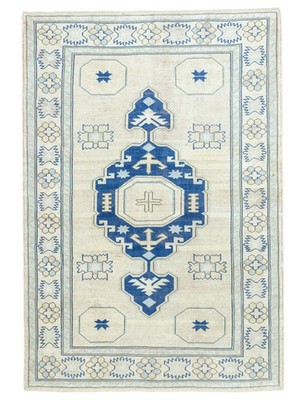 Hand-Knotted Turkish Oushak Rug | Blue & Ivory Geometric Medallion Area Rug