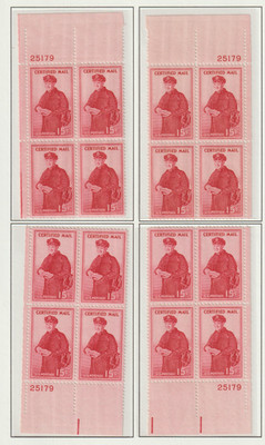 Scott #FA1 Certified Mail Plate Blocks Matched Set - MNH - Bright and Clean