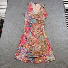 Lauren Ralph Lauren Dress Womens Medium Multicolor Paisley Ruched V Neck
