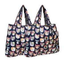 Foldable Tote Nylon Reusable Grocery Bag Set of 2, Crazy Cats