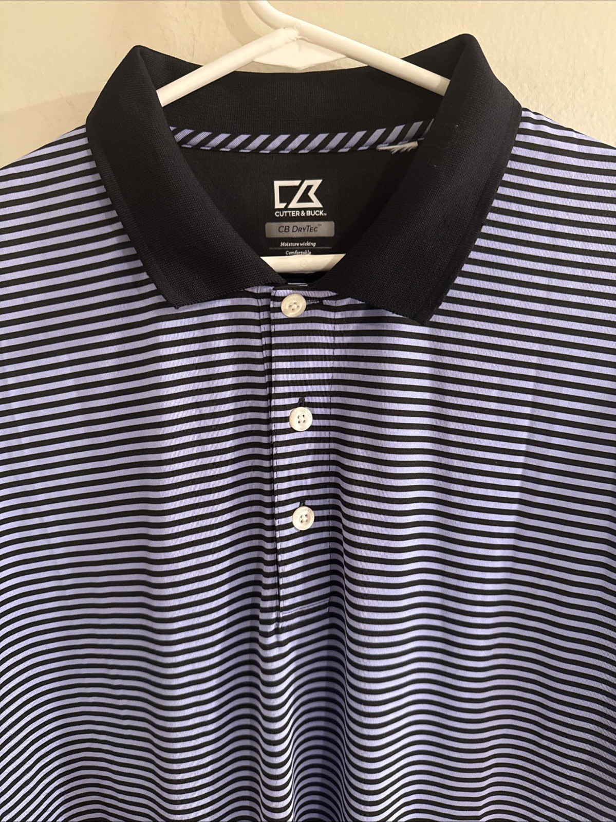 Cutter & Buck CB Drytec Polo Men’s Size XL Black Purple Stripes Mositure Wicking