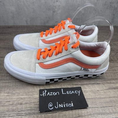 Vans~Mens~Old Skool Pro Shoes White Orange Checkerboard Skate Sneakers~Size 6