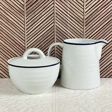 Crate & Barrel Roulette Cream & Sugar Dish White Ribbed Spal Porcelain Portugal