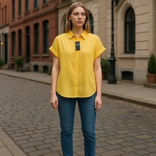 Lauren Ralph Lauren Camicia Donna XS Gialla In Lino Manica Corta Con Bottoni