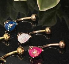 Solitaire Tear Drop Opal Glitter Gem Belly Ring Rose Gold IP Steel Navel Naval