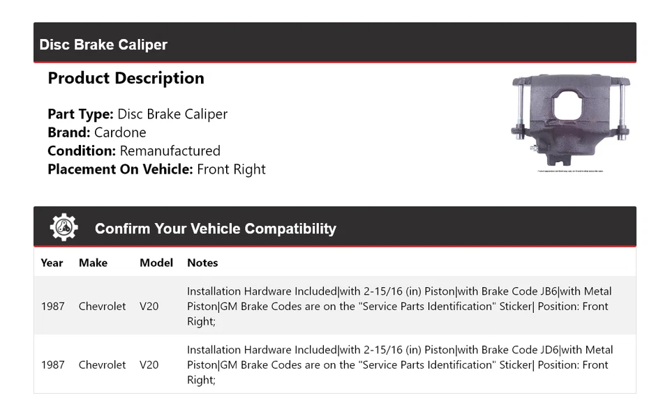 Pinza de freno de disco delantera derecha Cardone Chevrolet V20 1987 Foto 2 de 4