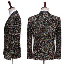 Mens Sequin Shawl Lapel Suit Jacket Coat Stage Show Party Blazer Top Fancy Dress