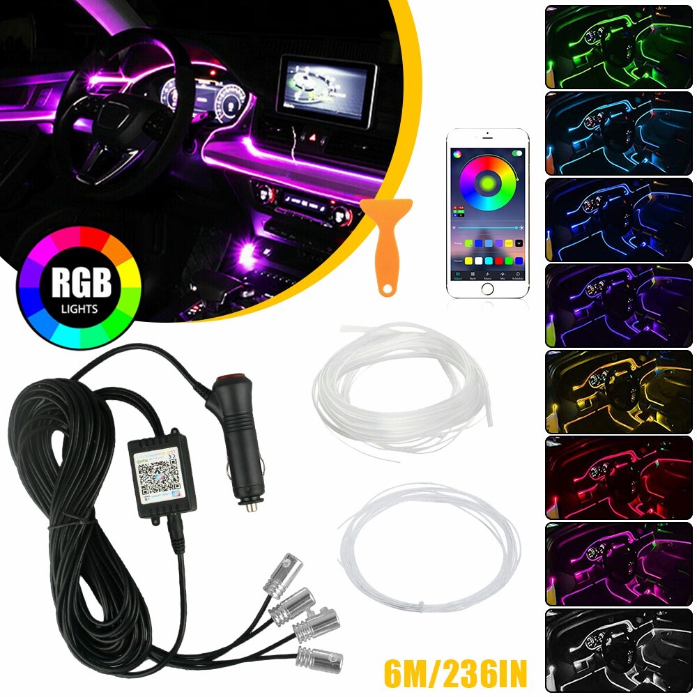 RGB LED Interior Car Fiber Optic Neon EL Wire Strip Atmosphere Light Kit APP 6M