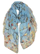 Women's Lightweight Scarf Floral Birds Print Cotton Wraps for Summer Shawl