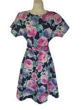 Vintage 80s California Looks Purple Teal Floral A Lined Tea Shirt Midi Dress M/L