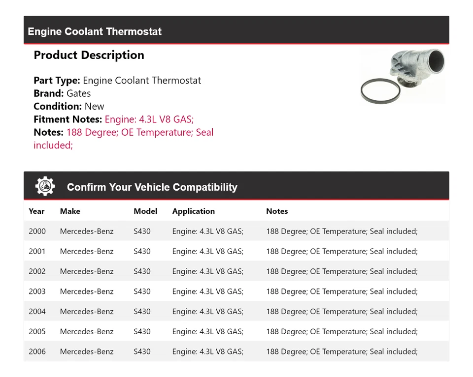 Para Mercedes-Benz S430 2000-2006 4,3 L V8 motor gas refrigerante termostato puertas Foto 2 de 4