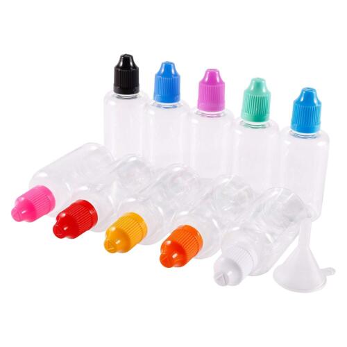 PET Plastic Dropper Eye Empty Squeeze Essentical Bottles Long Tip Cap + Funnels - Picture 2 of 4
