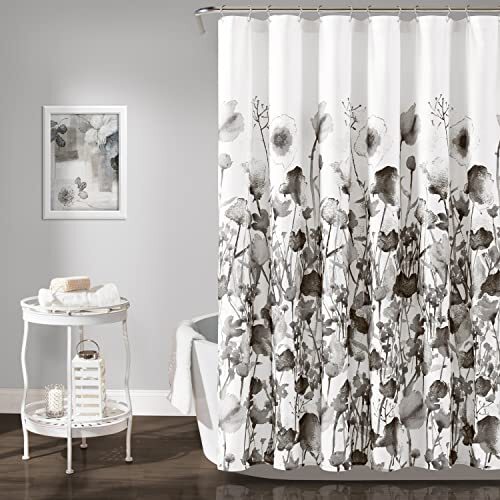 Zuri Flora Shower Curtain 72" x 72" White & Black - Picture 1 of 5