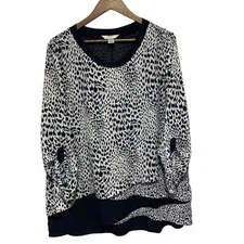 CJ Banks Blouse Womens 1X Black White Animal Print Layered Roll Tab Sleeve