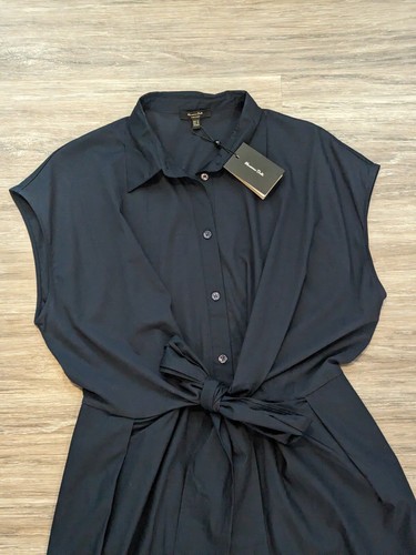 Massimo Dutti Midi Navy Blue Poplin Shirt Dress W/ Tie Knott Full Button Size XS - Picture 3 of 20