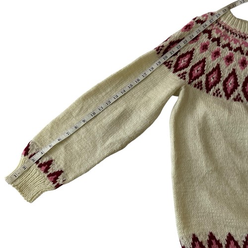 VTG Icelandic Cream Pink Nordic Hand knit Wool Sweater Fair Isle Lopapeysa Sz L - Picture 9 of 9