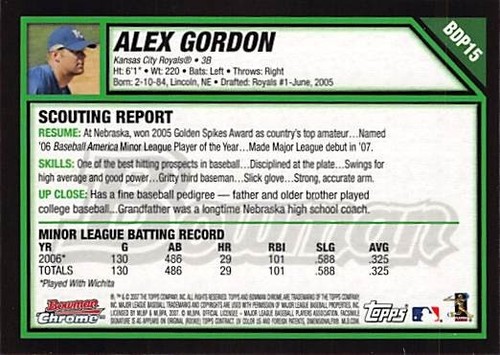 2007 Bowman Chrome Draft #BDP15 Alex Gordon RC p41221 - Picture 2 of 2