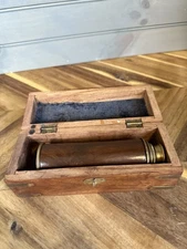 Vintage Brass And Wood Telescope In Wooden Box