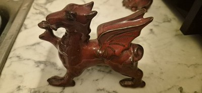 3 Vintage Doniau Cudd Bangor Studio Pottery Welsh Red Dragons Flambe Set 1982-86