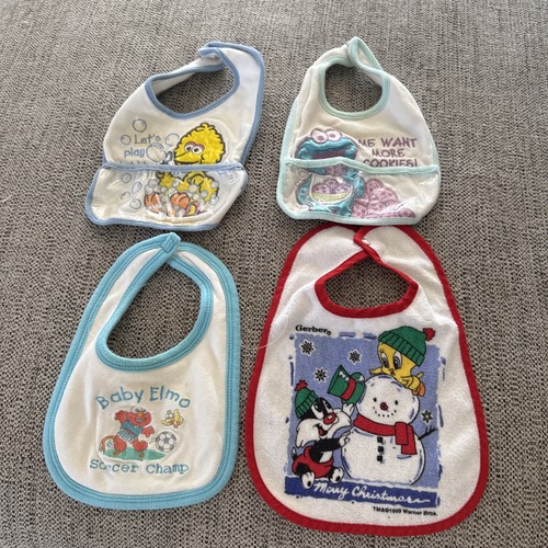 Vintage Sesame Street Baby Bibs Lot Of 4 Big Bird Cookie Monster Elmo Tweety Sly