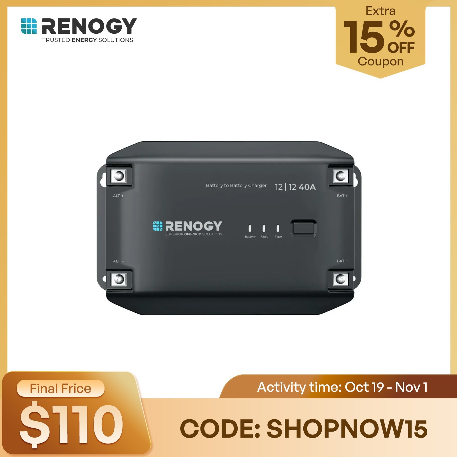 Renogy 12V 40A DC to DC Battery Charger DC-DC On-Board Battery Charger