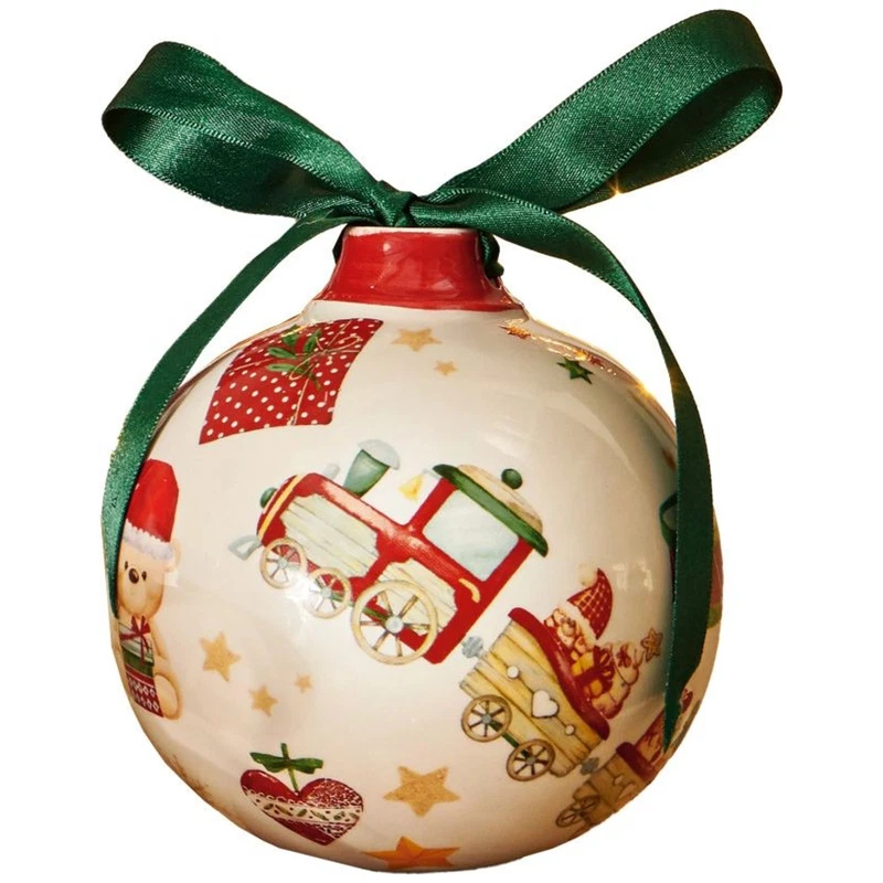 Palla di Natale Ceramica BRANDANI Trenino Decorazione Albero 10 cm Fiocco Raso