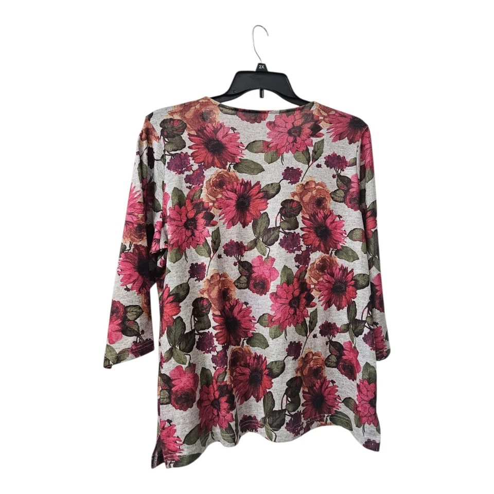 Croft & Barrow Mujer 2X Camisa Top Floral Gris Rosa Manga 3/4 Blusa Suave Foto 2 de 4
