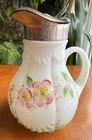 Antique Milk Glass syrup Pitcher/Jug; 5 1/2"; Hand painted flowers   (90)
