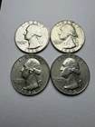 1964 D WASHINGTON SILVER QUARTERS LOT OF 4, 90% SILVER CIRCULATED COINS