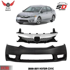 Front Bumper Cover Fascia & Grille Assembly Kit For 2009-2011 Honda Civic