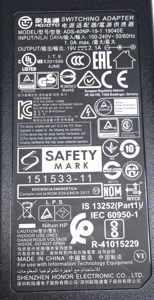 Honoto AC Adapter Power Supply for HP Monitor ADS-40NP-19-1 19040E 19V 2.1A 40W - Image 2 of 3