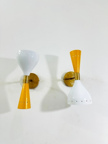 Mustard & White Brass Wall Sconce Pair 1950s Mid Century Brass Italian Adjustabl - Picture 3 of 8