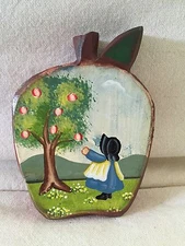 Vintage Apple Shape Wood Folk Art Hand Painted Farm Country Girl Americana 4x3"