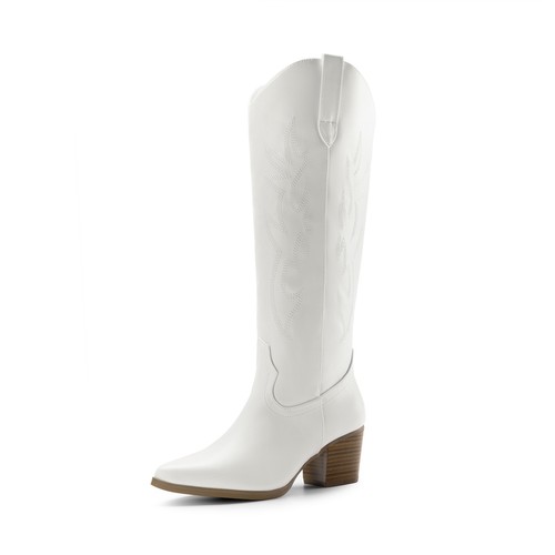 Women Low Chunky Heel Pointed Toe Zip Up Knee High Boots Cowboy Western Boot - Picture 8 of 27