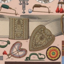 FRENCH FOLK ORNAMENTS-Belts Crosses Embroidery Jewelry Detail 1888 Antique Print