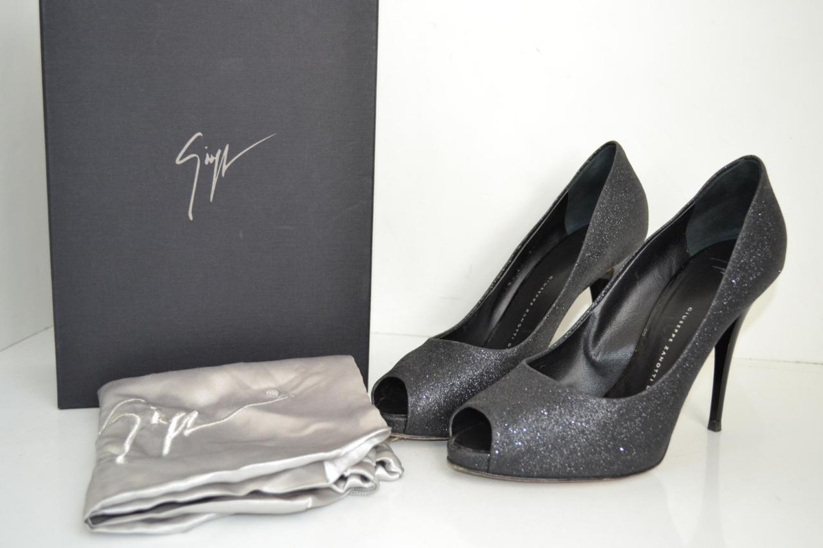 【美品】GIUSEPPE ZANOTTI グリッター ブラック パンプス Giuseppe Zanotti Black Glitter Pix 100 Peep Toe Pumps/Heels