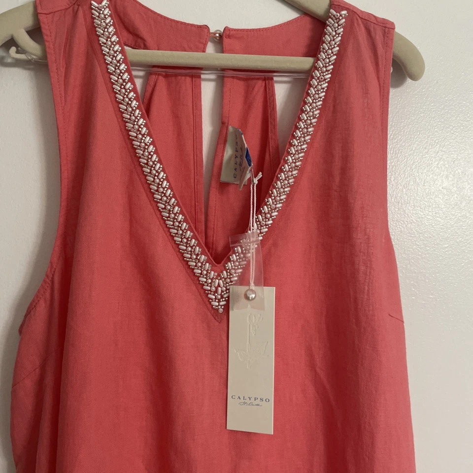 Vestido maxi novo com etiquetas Calypso St. Barth linho gola V pérola halter tamanho G pêssego/curral - Imagem 3 de 4