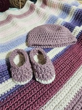 Crocheted Baby Blanket Booties and Beanie Set Handmade