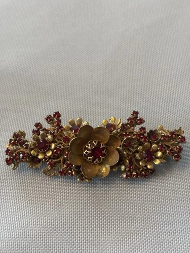 Vtg Miriam Haskell 2.75” Floral Brooch | Russian Gold Filigree & Rhinestones